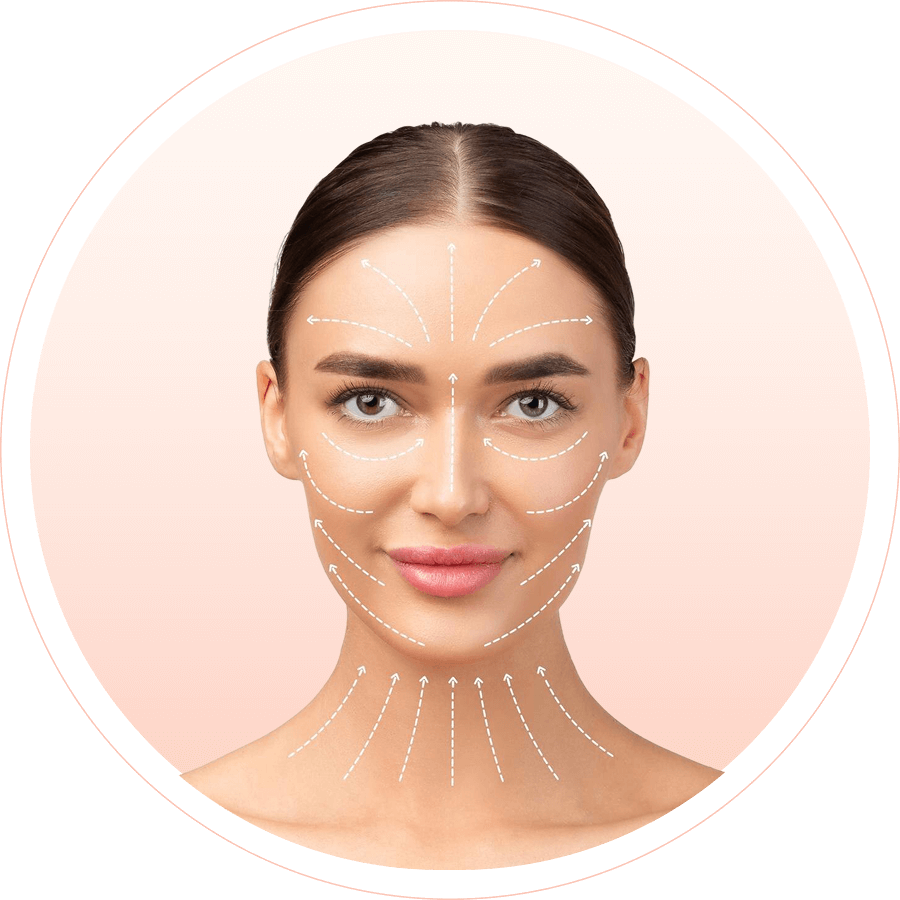 Rostro femenino con líneas de vectores que muestran el lifting facial con hilos tensores en cara en CDM
