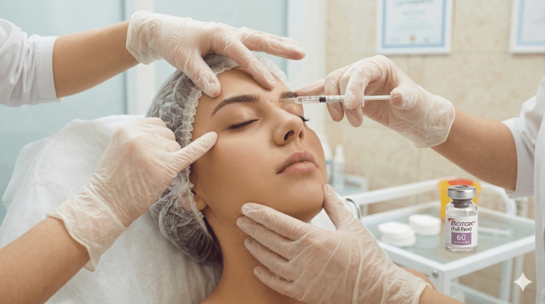 Aplicación de full face botox 60 unidades en zonas faciales para suavizar lineas de expresión