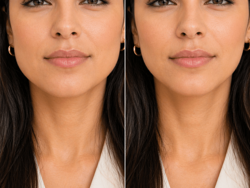 Antes y después de botox en maseteros con cambio sutil en el contorno de la mandíbula.