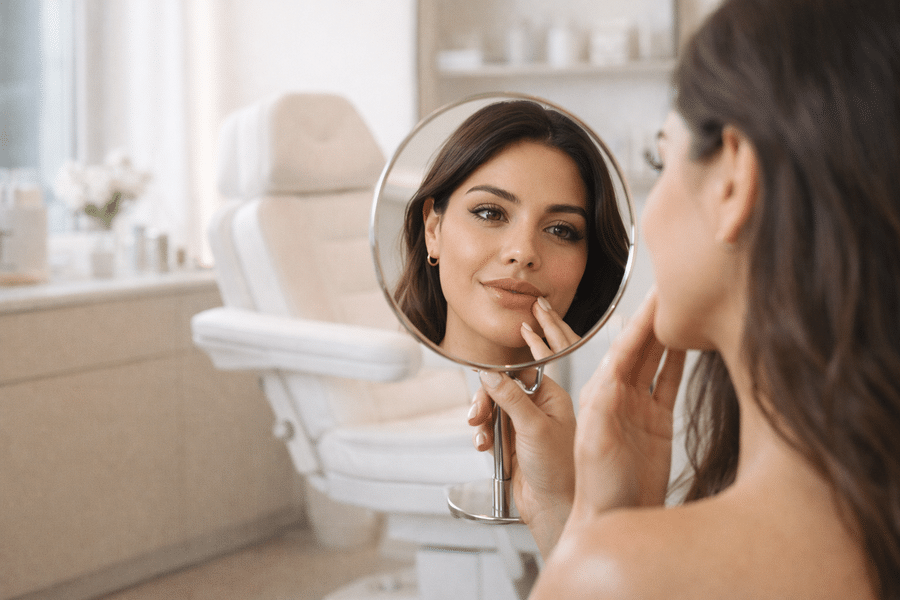 Mejora de sonrisa tras tratamiento de botox en labios tipo lip flip.