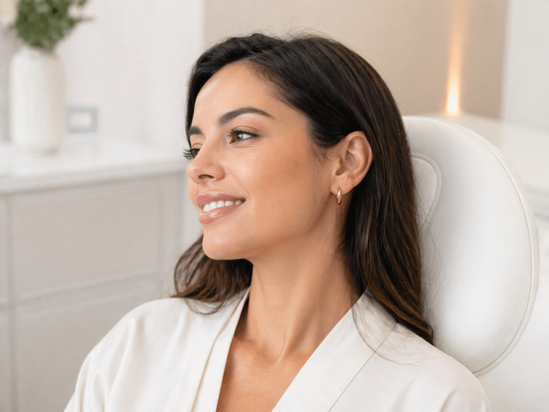 Paciente sonriente después de tratamiento con botox en maseteros para una mandíbula más relajada.