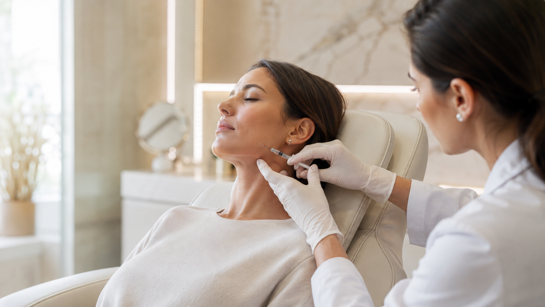 Especialista aplicando ácido hialurónico para marcaje mandibular en una clínica estética.