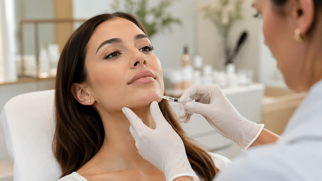 Especialista aplicando botox en mentón para mejorar la textura y definición de la barbilla.