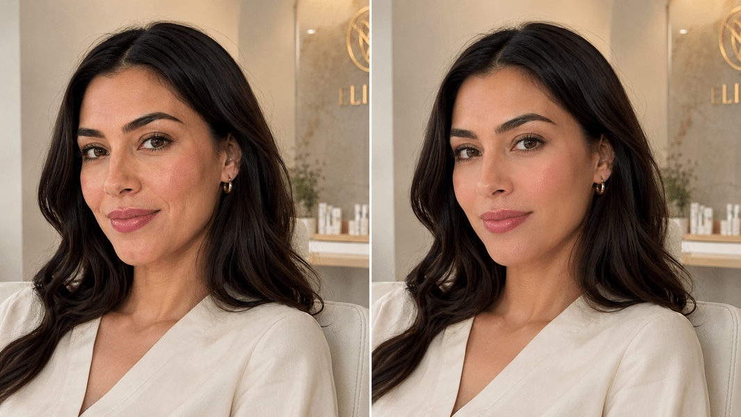 Antes y después de tratamiento para surcos nasogenianos con resultado facial más uniforme en estetica Roma Norte