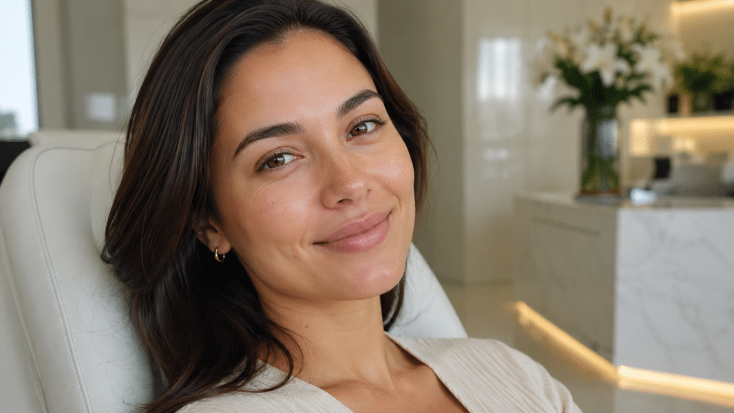 Paciente sonriente después de tratamiento para ojeras en clínica estética con ácido hialurónico