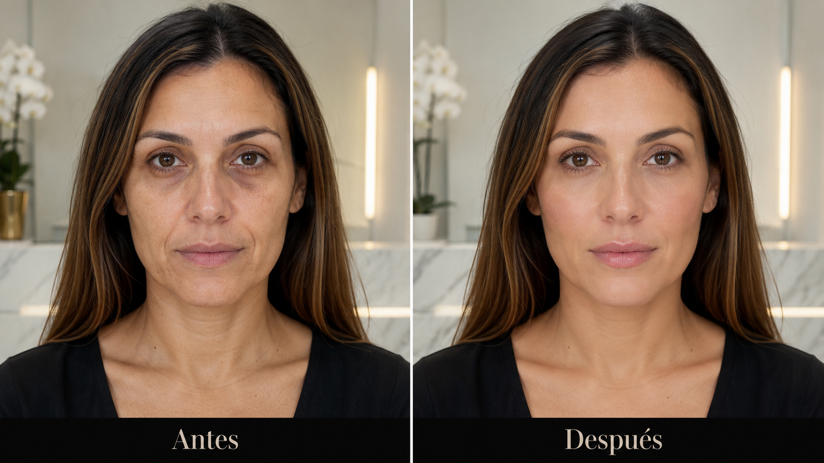 Comparativa antes y después de armonización facial con resultado sutil y natural.