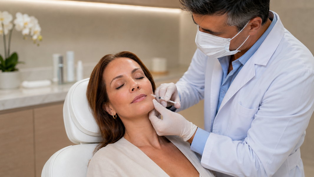Médico aplicando Sculptra facial en la mejilla de una paciente dentro de una clínica en CDMX.