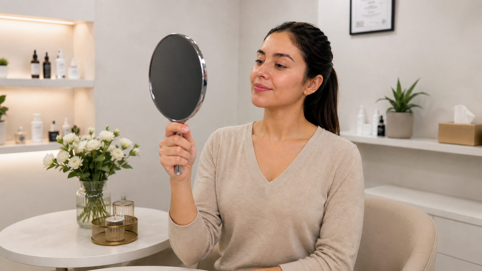 Paciente observa su rostro con espejo en consulta de armonización facial natural en CDMX.