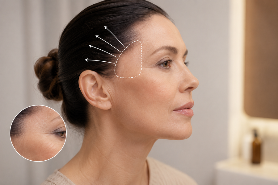 Diagrama facial que muestra la zona de fosa temporal hundida y el efecto del relleno.
