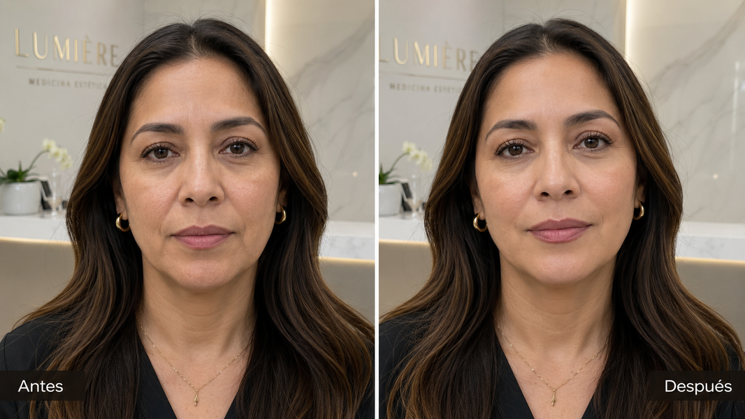 Comparativa del rostro de una paciente antes y después de un tratamiento Radiesse.