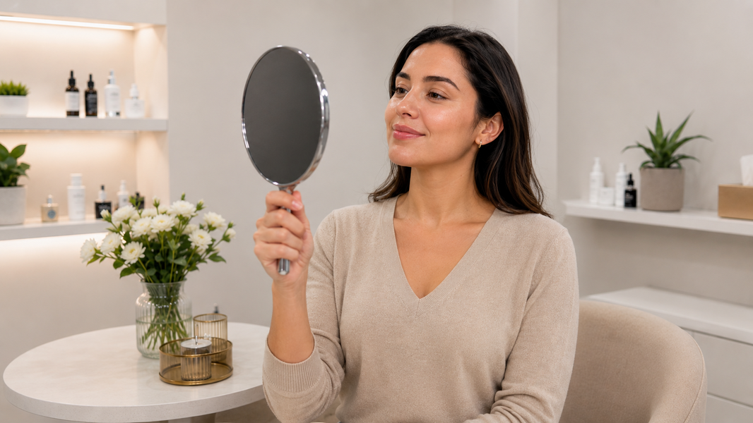 Paciente sonríe mientras observa su rostro tras un procedimiento de bioestimulación facial.