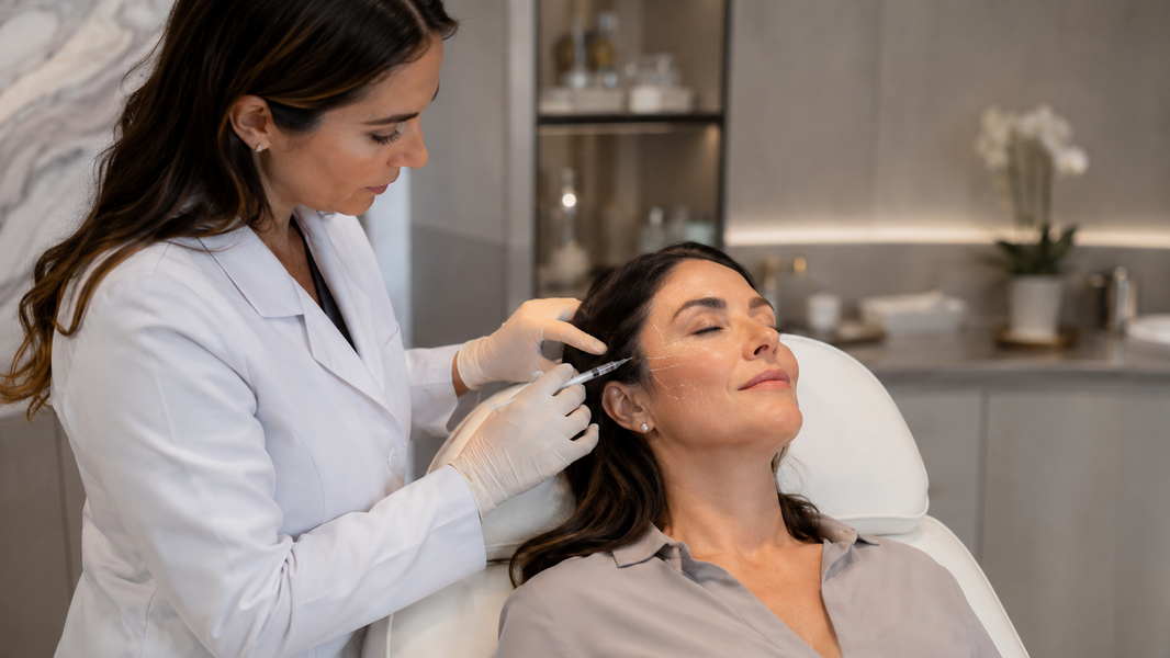Especialista realiza una aplicación bioestimuladora con cánula siguiendo marcaciones faciales.