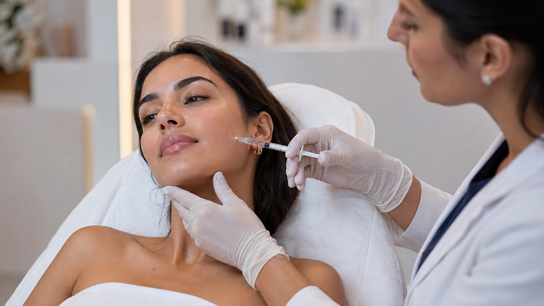 Aplicación de Radiesse en el contorno de la mejilla durante un procedimiento de medicina estética.