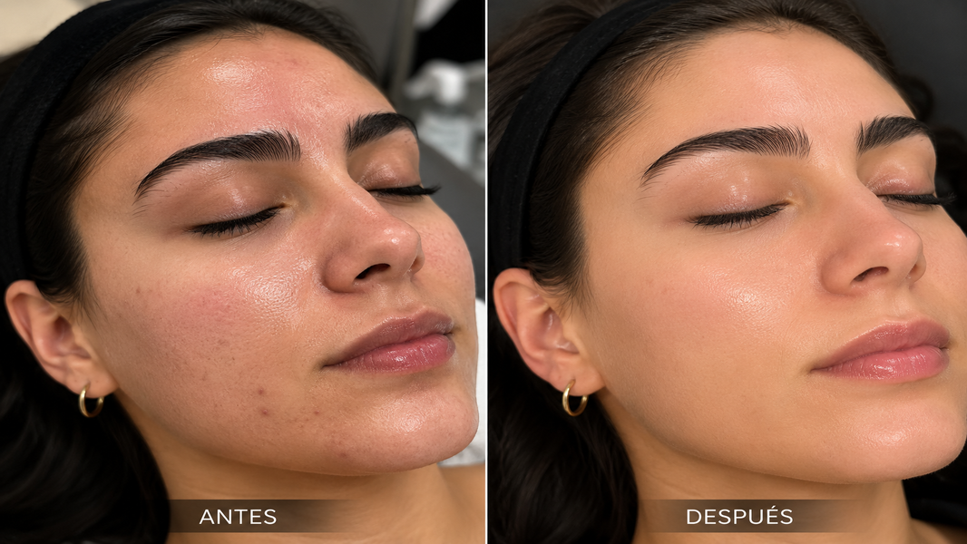 Antes y después de un Hollywood Peel con una piel de apariencia más uniforme y luminosa.