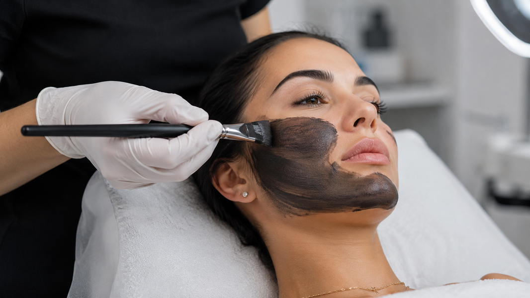 Especialista prepara la piel para un facial Hollywood Peel con carbón activo.