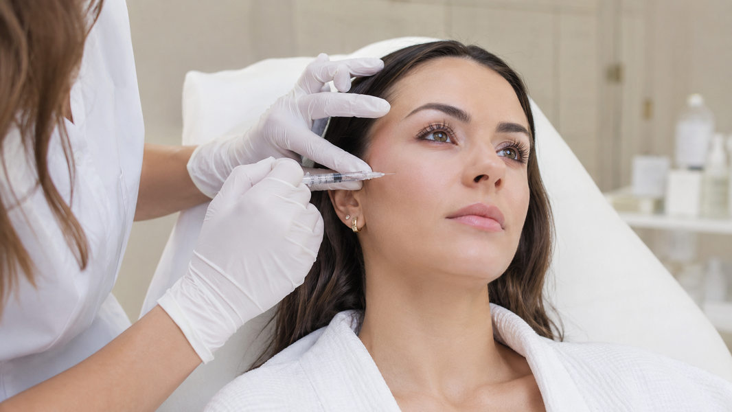 Profesional aplica Rejuran PN en la zona temporal durante un procedimiento estético facial.
