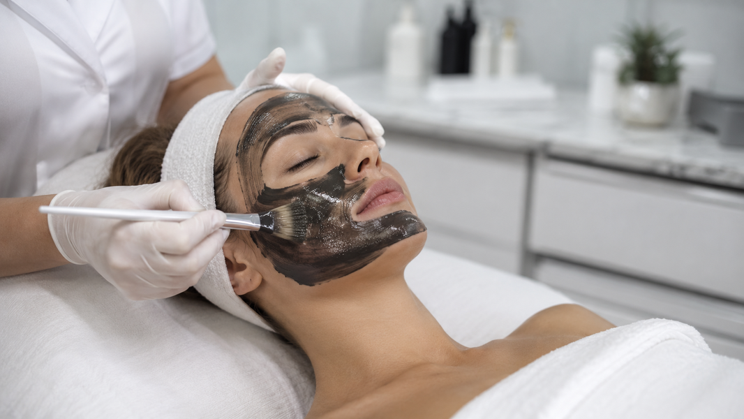 Especialista extiende una mascarilla de carbono sobre el rostro antes del Hollywood Peel.
