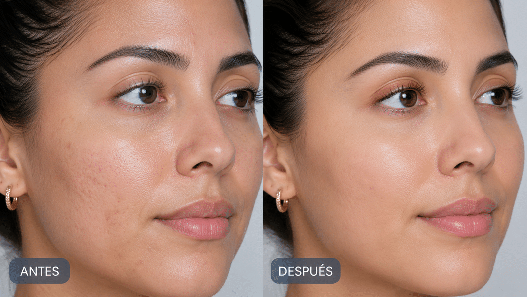 Comparativa antes y después del microneedling con una piel de aspecto más uniforme.