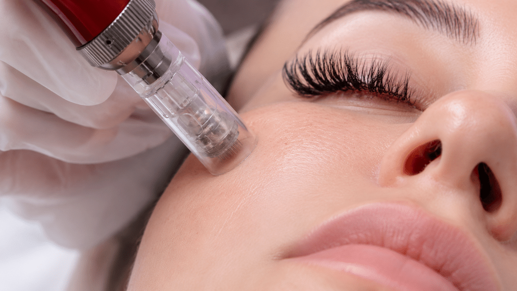 Primer plano de microneedling facial aplicado sobre la mejilla con un cabezal de microagujas.