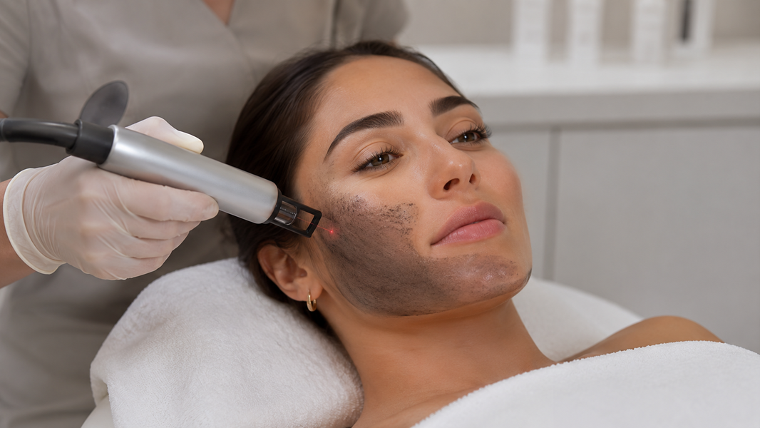 Especialista aplica láser sobre una mascarilla de carbono durante un Hollywood Peel.