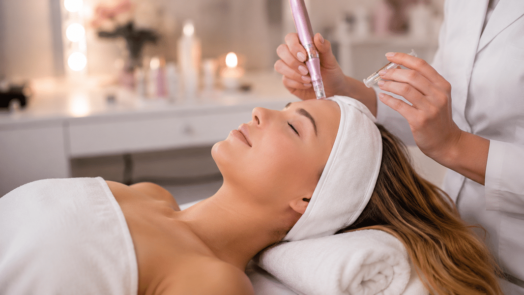 Especialista combina microneedling facial con la aplicación de un suero sobre la frente