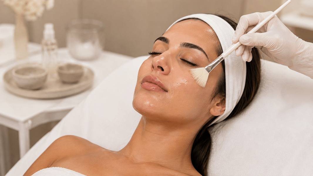 Aplicación de peeling químico facial con pincel sobre la mejilla durante una sesión estética profesional.