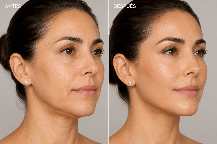 Comparativa antes y después de HIFU facial con una apariencia más firme y uniforme del rostro.