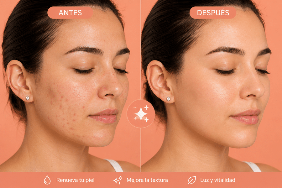 Resultados visuales asociados al peeling químico para manchas, textura irregular y luminosidad facial.