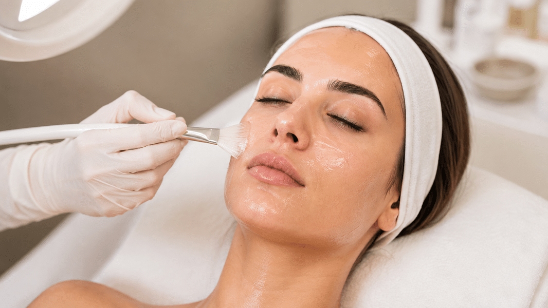 Especialista aplica una solución de peeling facial con pincel sobre la piel durante el tratamiento.