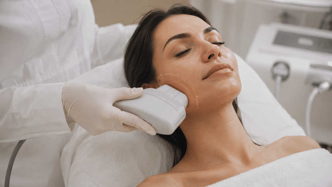 Tratamiento HIFU para flacidez facial aplicado sobre la mejilla con gel conductor.